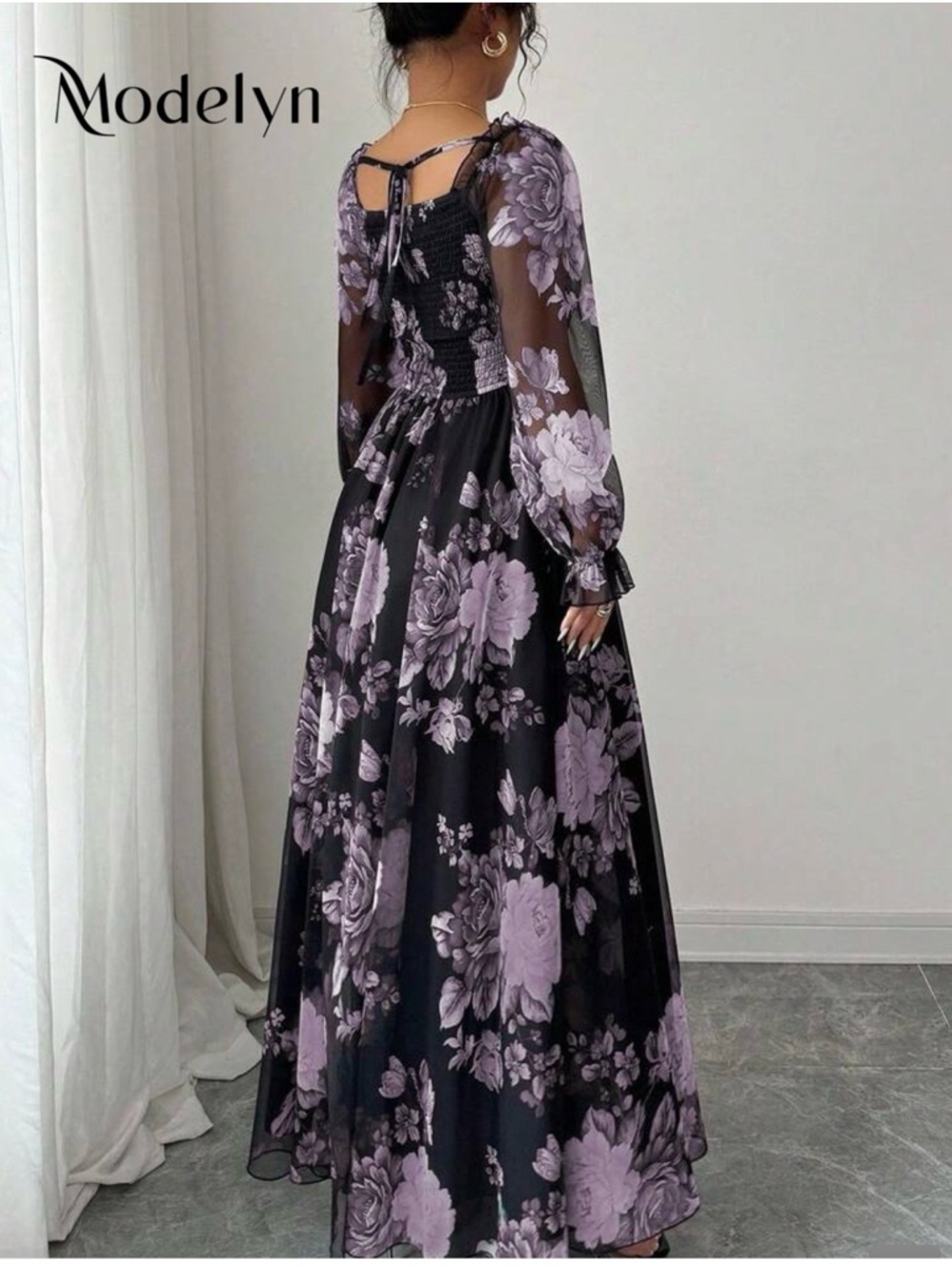 Lavender Floral Black Maxi Dress for Women